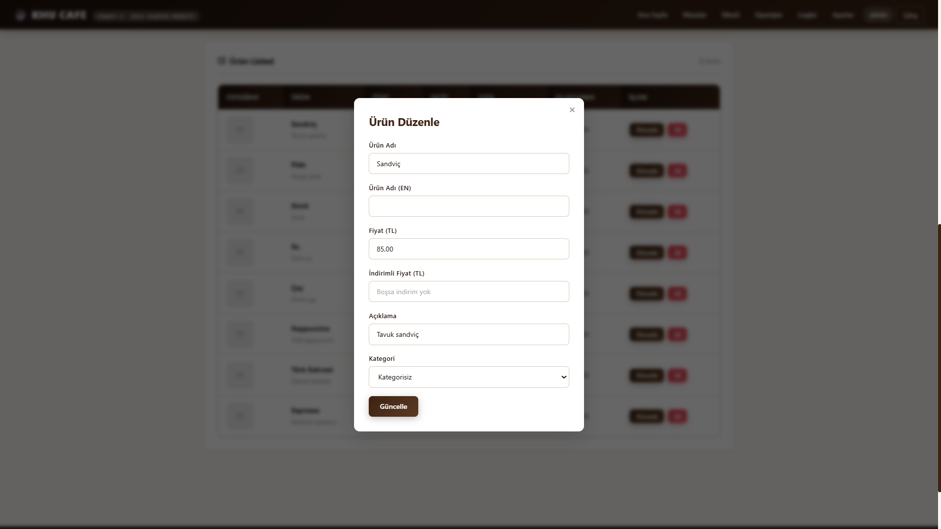 KHUCAFE Paket2 sipariş sistemli QR menü ekran görüntüsü
